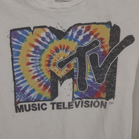 MTV T-Shirt Tie Dye Logo White Tee Graphic Medium Cotton Distressed Thrashed - Picture 1 of 10